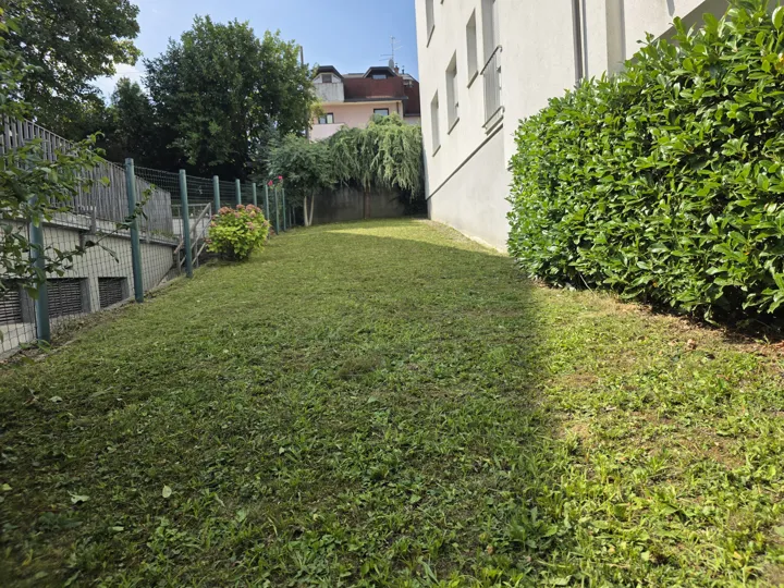Uredna travnata površina uz živicu i zgradu.